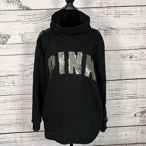 Women's Victorias Secret PINK Black Funnel Neck Flip Sequin Bling Pullover Large